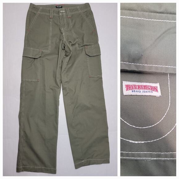 TRUE RELIGION Military SN Green Cargo Pants Womens Sz 26 Baggy Streetwear Green - Picture 1 of 9